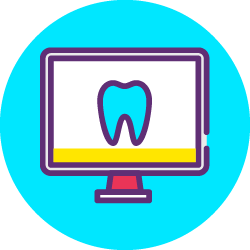 Desktop monitor of neon light blue tooth in front of a white background.