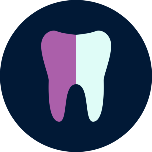 Purple and white tooth inside a dark blue circle icon.
